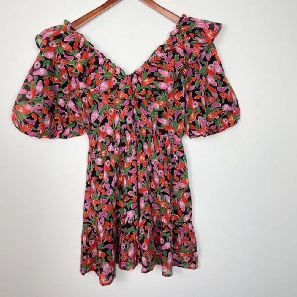 Banjanan Scorpio Floral Cotton Babydoll Mini Dress Mini Bloom Vivid Black NWT - Picture 8 of 9